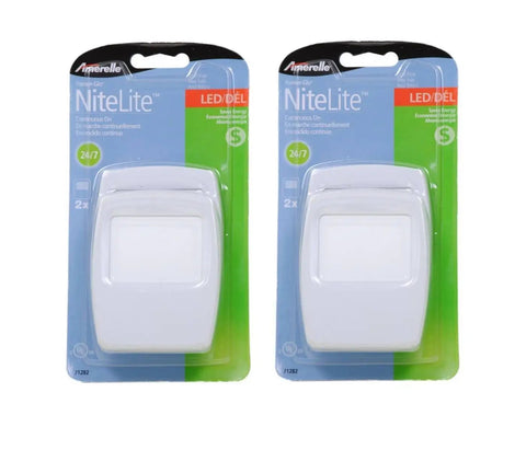Two packaged Always On Blue Night Light 4 Pack Plug In LED Slim Night Lights with a soft blue glow on a white background.