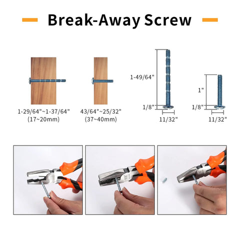 Diagram of break-away screw measurements with pliers cutting screws, related to Brushed Satin Nickel Cabinet Knobs 25 Pack For Kitchen Cabinets And Dresser Drawers Zinc Hardware Durable Metal Pulls With Easy Mounting And Universal Fit For Standard Holes And Smooth Operation.