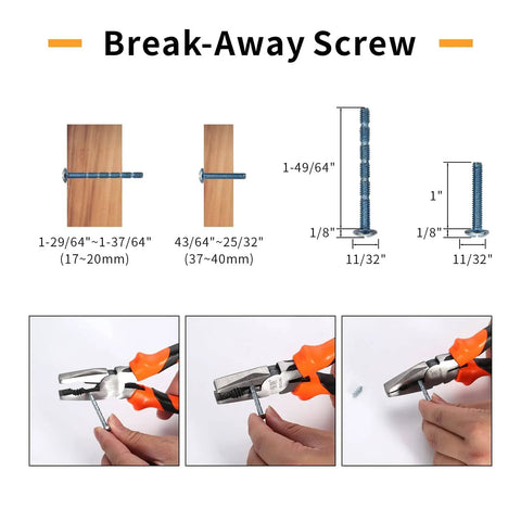 Break-away screw installation steps and dimensions shown with pliers and screws on wood panels.