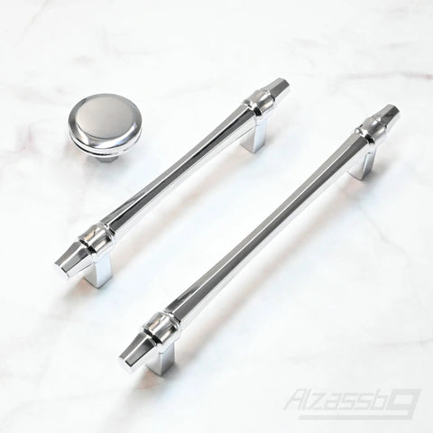 6 Pack Polished Chrome Cabinet Knobs 1-1/4 Inch Round Kitchen Hardware Easy To Install next to elongated handles on white surface