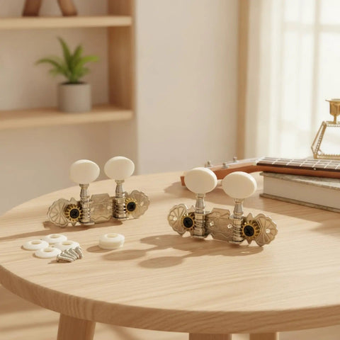 Premium White Ukulele Tuner Pegs And Keys With Smooth Gear Action Compact Metal Alloy Machine Heads Featuring Decorative Plates.