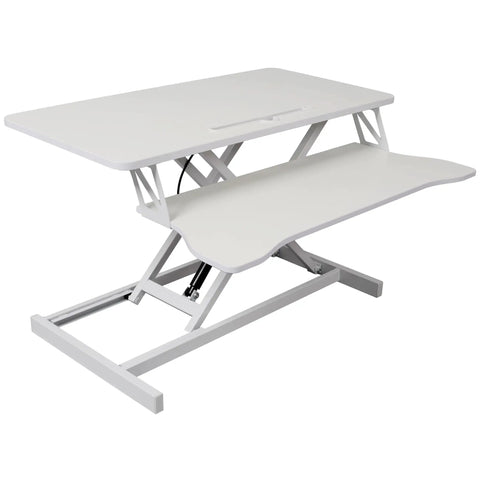 Super Comfy Height Adjustable Standing Desk With Swivel Keyboard Tray For Home Office Computer Workstation, white ergonomic design.