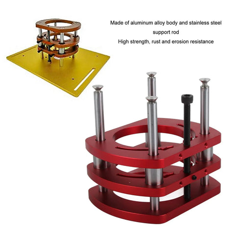 Heavy Duty Aluminum Router Lifter System With 2.008 Inch Lift Crank Handle 4 Jaw Clamp For Small Trimming Machines DIY Woodworking Router Table Upgrade For Precise Cuts, red aluminum lift base with stainless rods