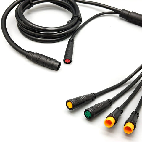 Waterproof 9 Pin Electric Bike Cable Kit For 1T5 And 1T4 Controllers with multicolored connectors on white background