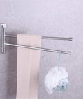 Two Arm Bathroom Swing Arm Towel Bar Wall Mount In Stainless Steel Brushed Finish with towel and bath sponge