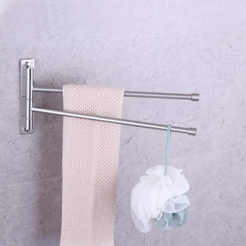 Two Arm Bathroom Swing Arm Towel Bar Wall Mount In Stainless Steel Brushed Finish with towel and bath sponge