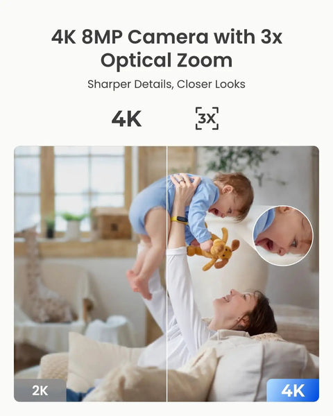 4K Ultra HD Pan And Tilt Indoor Security Camera With Dual Band WiFi 6 3X Optical Zoom Auto Tracking People And Pet Detection Crying Sound Detection Privacy Mode Bluetooth Setup E1 Zoom White