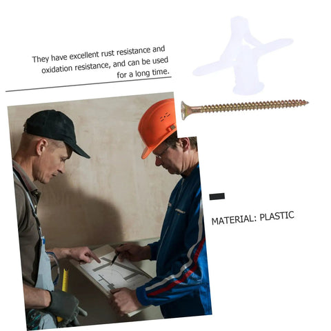 Two workers using Heavy Duty Drywall Patch Kit With 100 Expansion Plugs Nails And Screws For Plasterboard Repair Quick Patch shown on a wall.