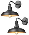 Two Gooseneck Barn Light Outdoor Wall Lanterns, matte black exterior, gold interior, vintage farmhouse vibe, 10.8-inch shade.
