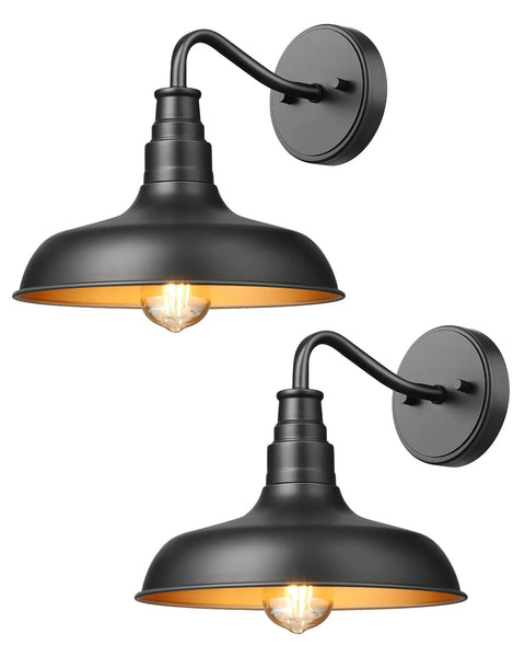 Two Gooseneck Barn Light Outdoor Wall Lanterns, matte black exterior, gold interior, vintage farmhouse vibe, 10.8-inch shade.