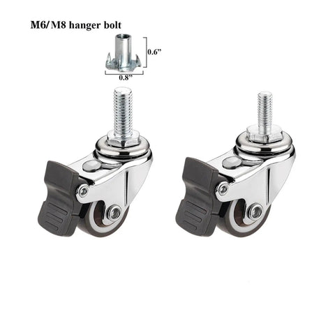 Mini Caster Wheels With Brake Lock, 1 Inch Silent Non Marking Casters, chrome with M6/M8 hanger bolt detail