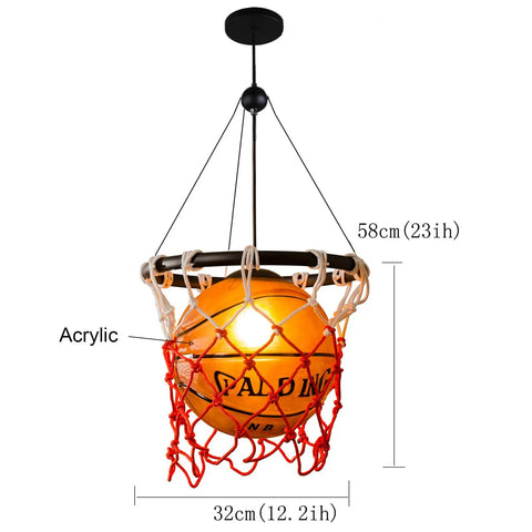 Basketball Hoop Pendant Light With Net and Acrylic Shade; Cool Loft Bar Ceiling Lamp; ideal for gyms, kids' rooms; vintage style