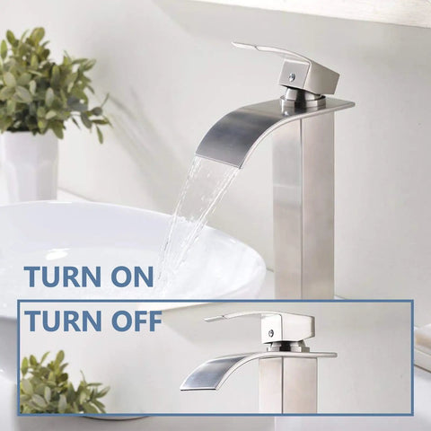 Wide Waterfall Spout Vessel Sink Faucet In Brushed Nickel Tall Above Counter Single Handle Vanity Lavatory Faucet with water on and off