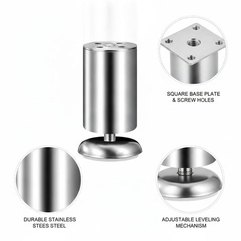 Adjustable Stainless Steel Furniture Legs For Leveling Cabinets And Vanities On Uneven Floors, 2x2 in base with threaded adjustment