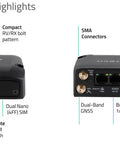 AirLink RX400 5G RedCap Industrial Cellular Router With Ultra Low Power Design Rugged IP64 Rating LTE Fallback Dual SIM Edge Computing Ready ALMS Managed Wi Fi 6 Connectivity 1 Year AirLink Complete showing product highlights and specifications