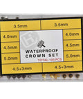 Pro Grade Watch Repair Kit With Stainless Steel Crowns And Gold Flat Head Crowns, crown set with sizes labeled, 100 pcs visible