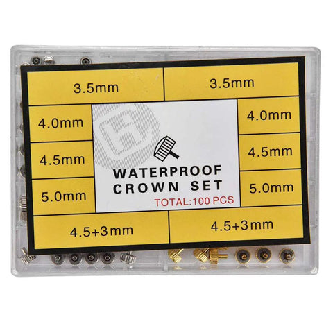 Pro Grade Watch Repair Kit With Stainless Steel Crowns And Gold Flat Head Crowns, crown set with sizes labeled, 100 pcs visible