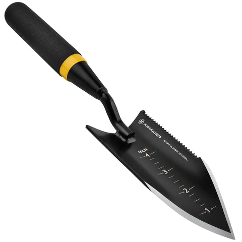 Beefy Heavy Duty Garden Trowel With Serrated Stainless Steel Blade Left Side Three Inch Sawtooth Hand Shovel shown with measurements