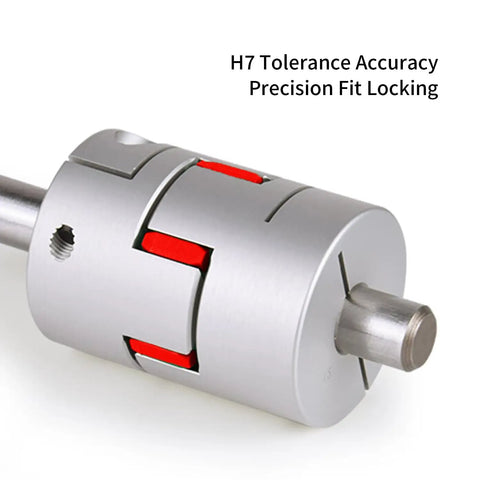 Close-up of Plum Flexible Shaft Couplings with H7 accuracy, part of Two Pack Aluminum Plum Flexible Shaft Couplings, 20mm Diameter, 25mm Long