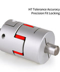 Two Pack Plum Flexible Shaft Couplings 5mm To 6.35mm Bore, 30mm Diameter, 35mm Length, Aluminum shown with precision fit locking
