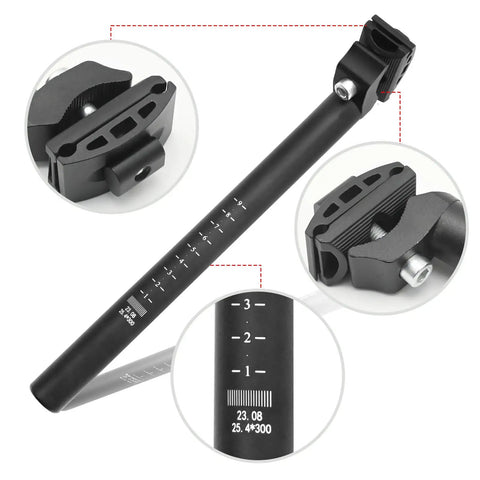 25.4mm Bicycle Seat Post With 300mm Length And Adjustable Clamp Clear Height Scale, black metal with detailed close-ups
