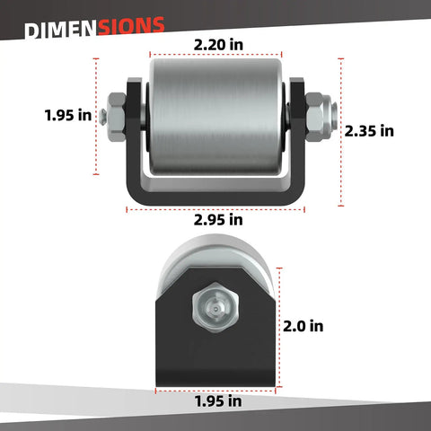 Two Pack Trailer Roller Wheel 2 Inch Weld On Heavy Duty Steel Caster With Grease Fitting For RV Trailers Motorhomes And Fifth Wheels Built Tough For Smooth Roll And Underbody Protection, dimensions labeled