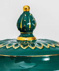 Durable Ceramic Rice Jar And Large Tea Storage Container With Massive Capacity For Keeping Coffee Beans Grain Flour And Cereal Fresh While Dropping Clean Looks On Your Counter lid detail in green with gold accents.