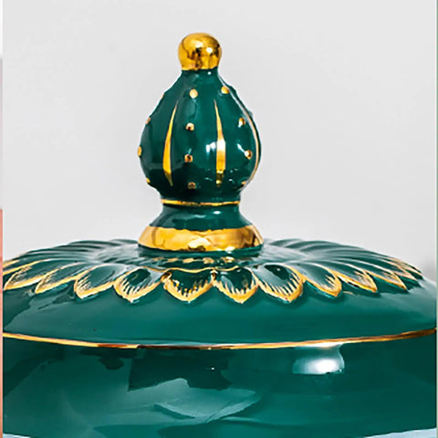 Durable Ceramic Rice Jar And Large Tea Storage Container With Massive Capacity For Keeping Coffee Beans Grain Flour And Cereal Fresh While Dropping Clean Looks On Your Counter lid detail in green with gold accents.