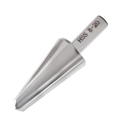 Close-up of a HSS 8-20 umbrella drill bit from the Umbrella Drill Bit Set 3Pc HSS 4241 Taper Power Drill Bits For Step Drilling And Cone Chamfer Cutting With 8mm And 10mm Shanks Sizes 16 30.5mm 5 20mm 3 14mm Ideal For DIY Home Projects And General Building.