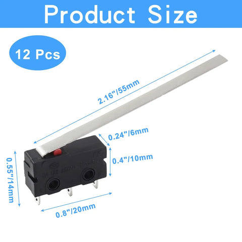 12 Piece Micro Limit Switch Kit With Long Straight Hinge Lever Arm 5A 125V 250V AC SPDT 1NO 1NC Snap Action Momentary 3 Pin Button Type Switch For DIY Builds And Gear, showing one switch with dimensions.