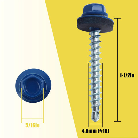 Blue Hex Head Self Drilling Roofing Screws 1-1/2 In For Wood And Metal Roofs With EPDM Washer Colored Head 250 Pack Magnetic Driver Bit Included