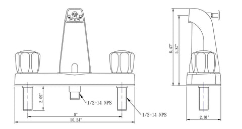 Technical drawing of budget friendly classic tub and shower faucet with diverter chrome polished finish easy turn crystal acrylic knobs.