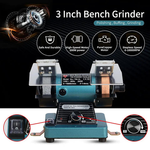 Mini Bench Grinder With Variable Speed For Polishing And Buffing Jewelry Making And Gem Work shown with features and controls.