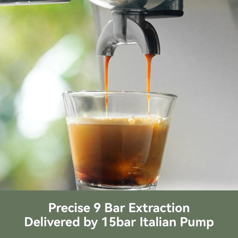 EzBru 1000 58mm Commercial Espresso Machine With Dual PID And NTC Temperature Control pouring espresso into glass