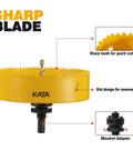 KATA 6-inch hole saw with mandrel adapter and drill bit; yellow drywall dust catcher for recessed lighting.