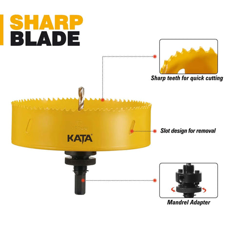 KATA 6-inch hole saw with mandrel adapter and drill bit; yellow drywall dust catcher for recessed lighting.