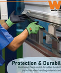 Industrial Cut Resistant Gloves With Microfoam Nitrile Palm ANSI A6 in use for handling metal sheet, safety and durability focus.