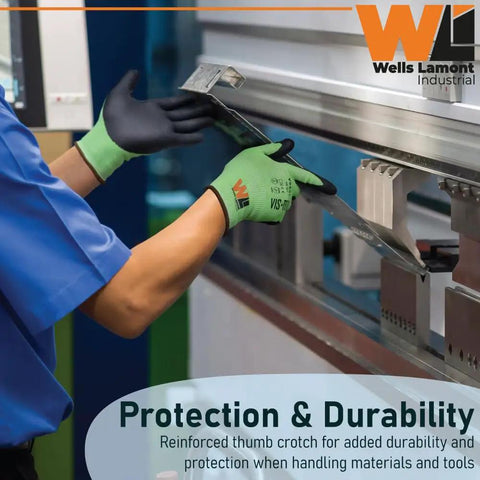 Industrial Cut Resistant Gloves With Microfoam Nitrile Palm ANSI A6 in use for handling metal sheet, safety and durability focus.