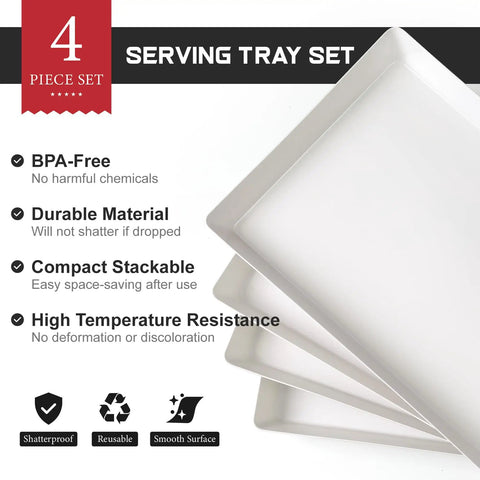 Four Pack Large White Serving Trays Set 16 By 11 Inch Food Grade BPA Free Plastic Platter For Cookies Appetizers Charcuterie Desserts And Party Snacks, Stackable Countertop Display shown stacked with features