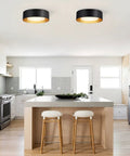 Modern Black And Gold Flush Mount Ceiling Light With Glass Drum Shade Close To Ceiling Round Fixture in kitchen setting