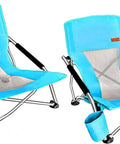 Two blue Low Profile Beach Chair 2 Pack For Adults Folding And Portable With Cup Holder And Carry Bag Perfect For Beach Boat River Sand Concerts