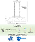 Dimensions and bulb types for Dope 35 Inch 3 Light Modern Farmhouse Island Pendant Light With Large Dome Shades Gray Oak Finish