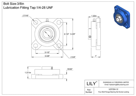 Technical drawing of Pillow Block Bearing Flange Mounted 3/4 Inch Bore 4-Bolt Square Flanged Bearing Unit dimensions