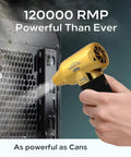 Hand holding High Power Electric Compressed Air Duster With 3 Gear Settings Mini Portable Jet Dry Blower in use on computer.
