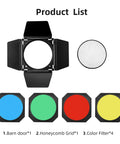 Heavy Hitter Seven Inch Barn Door Lighting Kit With Adjustable Honeycomb Grid And Four Pumped Up Color Gel Filters components displayed.