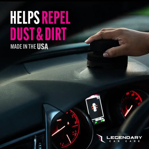Hand using Dope Shine Gloss Dressing With Applicator 16oz Tire Shine Spray And Plastic Restorer For Cars on car dashboard