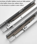 Heavy Duty Undermount Drawer Slides With Silent Soft Close Mechanism And Full Extension Glide Galvanized Steel Build For Zero Noise Cabinet Projects Tough As Nails Hardware Upgrade 16 Inch Set close-up of buffer hidden track sections.