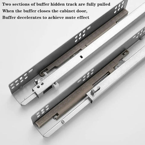 Heavy Duty Undermount Drawer Slides With Silent Soft Close Mechanism And Full Extension Glide Galvanized Steel Build For Zero Noise Cabinet Projects Tough As Nails Hardware Upgrade 16 Inch Set close-up of buffer hidden track sections.