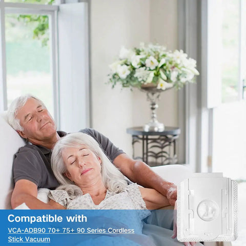 Replacement Dust Bags For Samsung VCA-ADB90 70 Plus 75 Plus 90 Series Cordless Stick Vacuum 10 Pack visible with couple relaxing on sofa