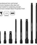 Assortment of 18 Piece Drive Tool Accessory Set With Premium CRV Steel And Black Phosphate Finish featuring extension bars.